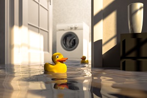 flooded home with rubber ducks floating in the water with a washing machine in the back